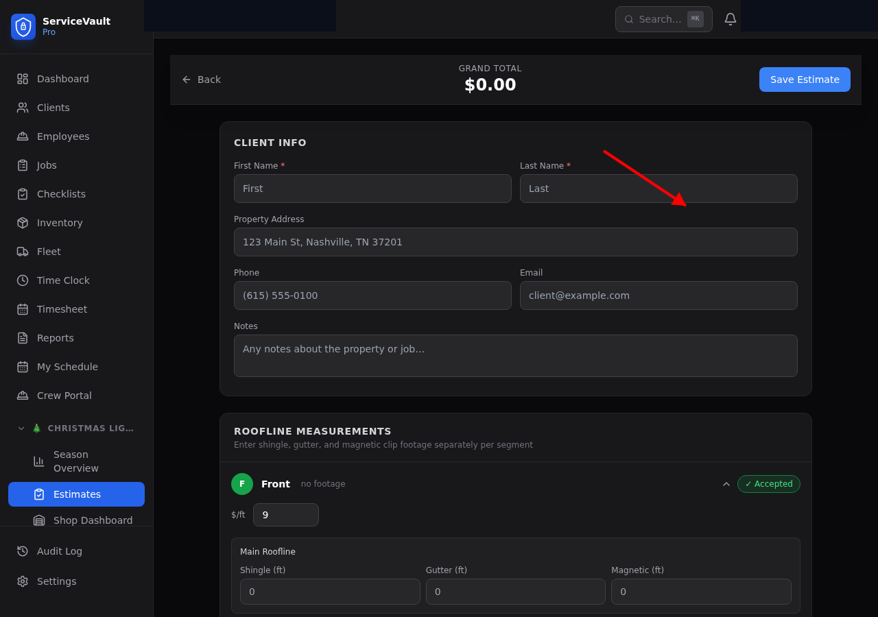 Estimate detail with Add Side button