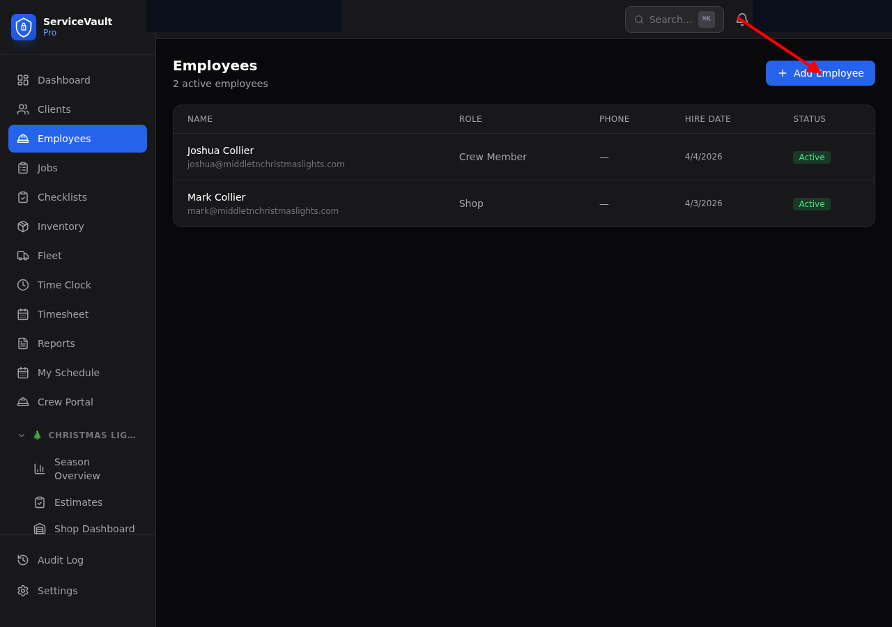 Employees list with Add Employee button