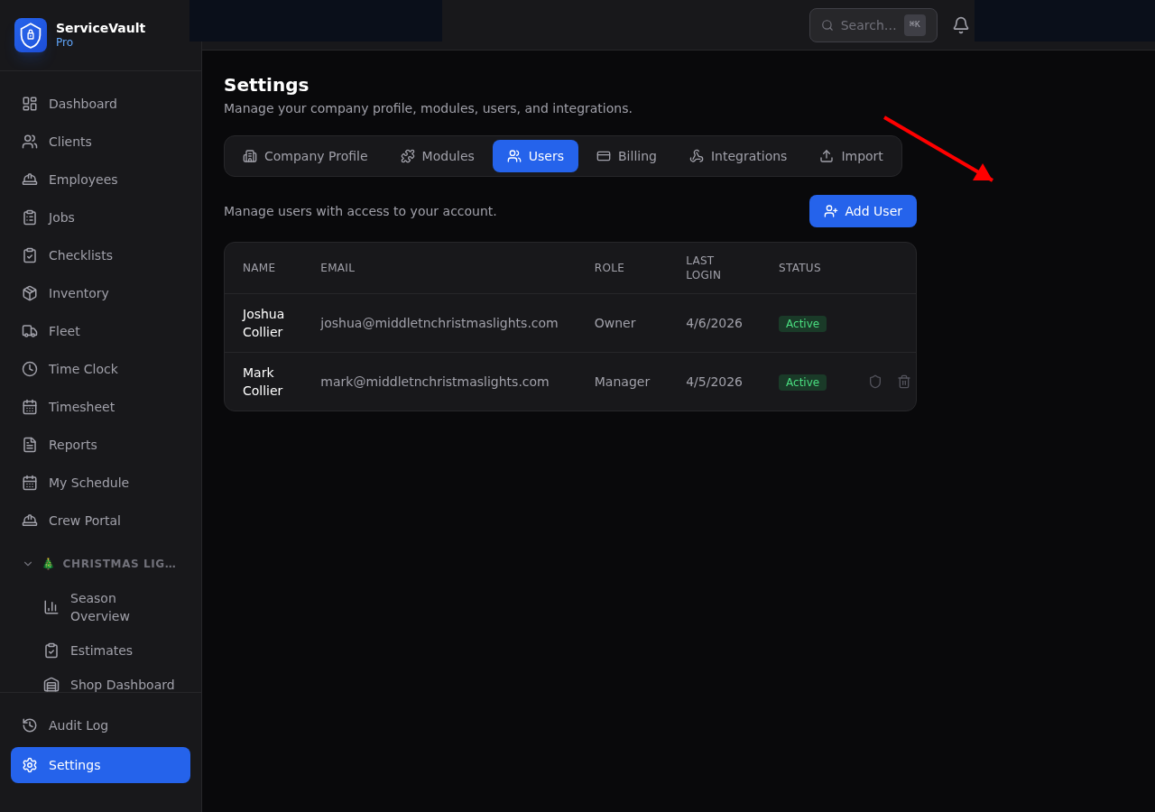 Permissions panel for a user