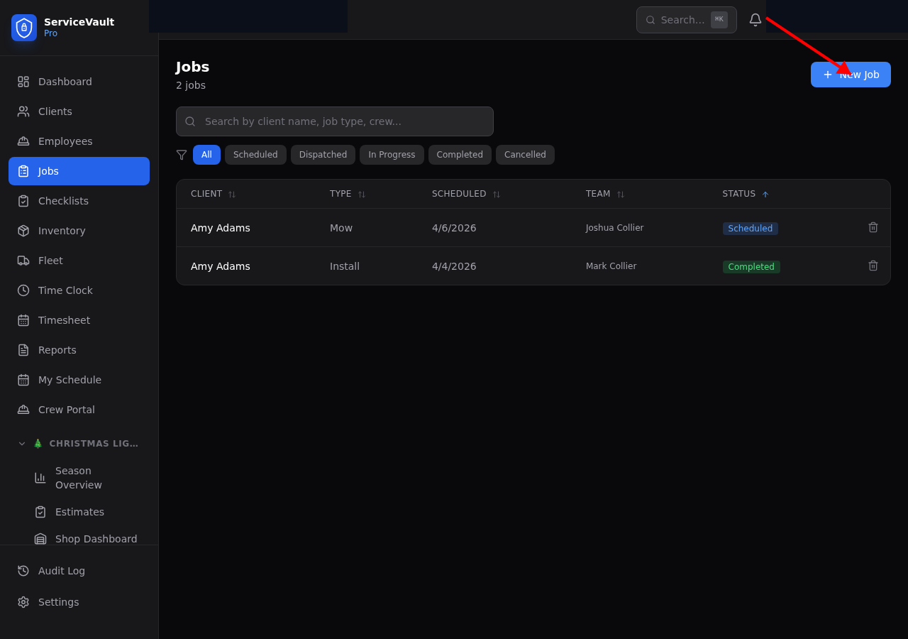 Jobs list with New Job button