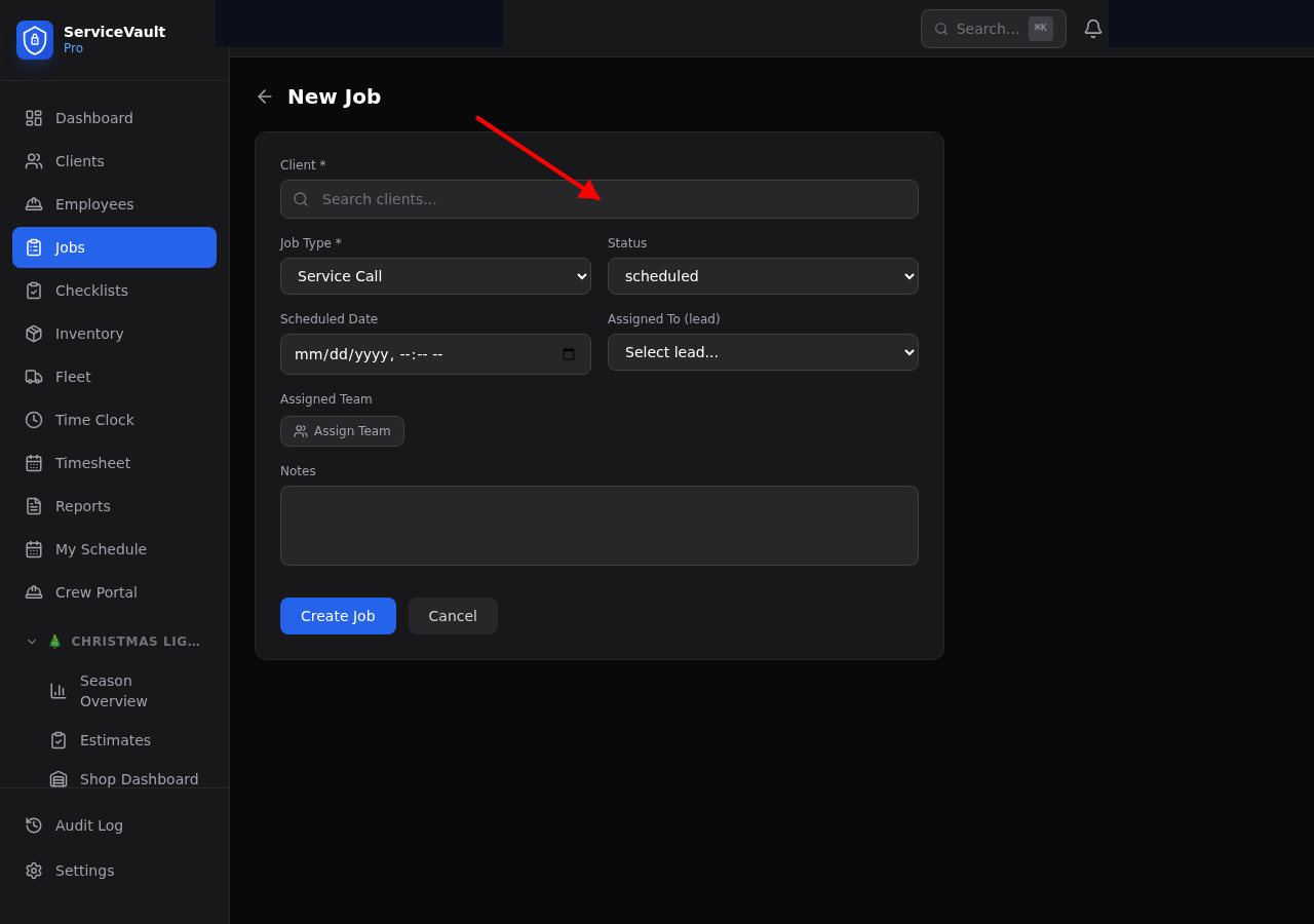 New job form with client selector