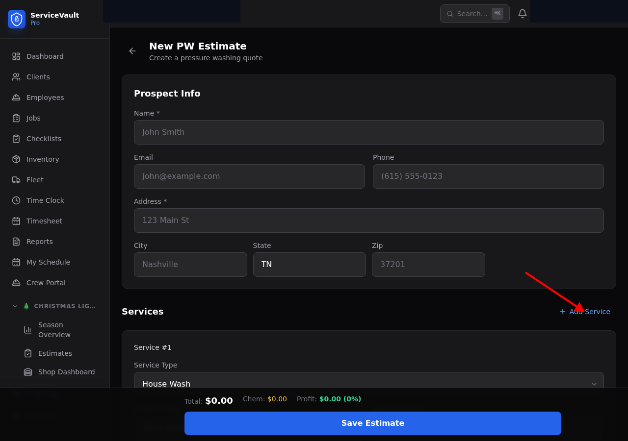 PW estimate detail Add Service