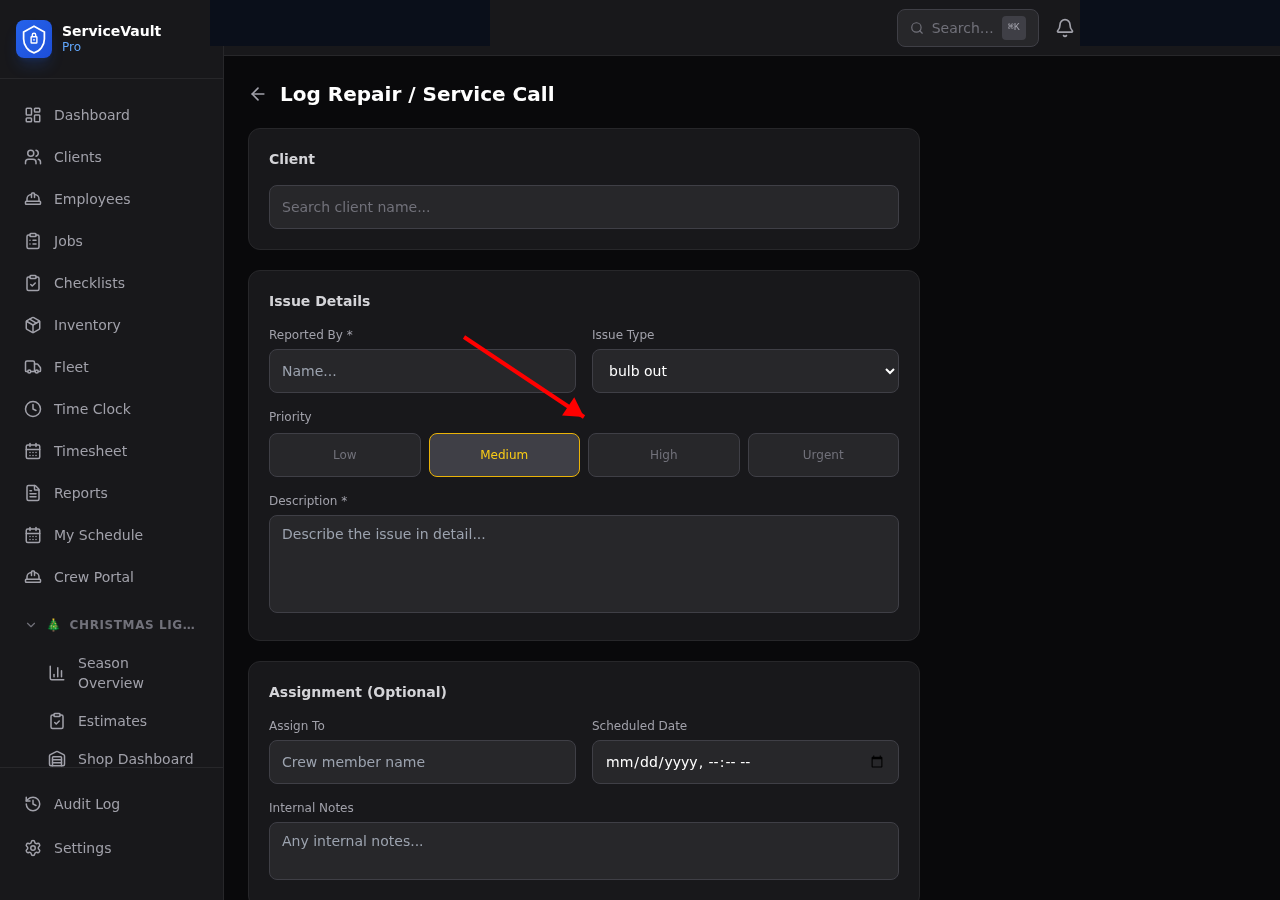 Repair detail with priority selector