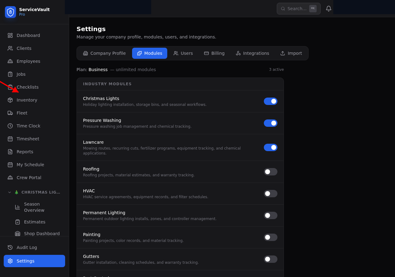 Module toggles in Settings