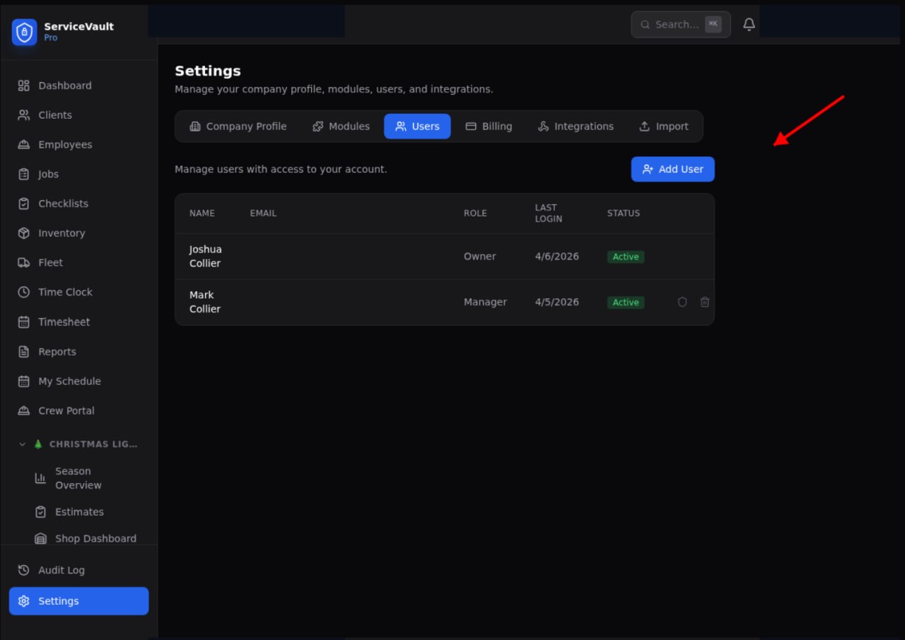 Settings Users tab with shield icons