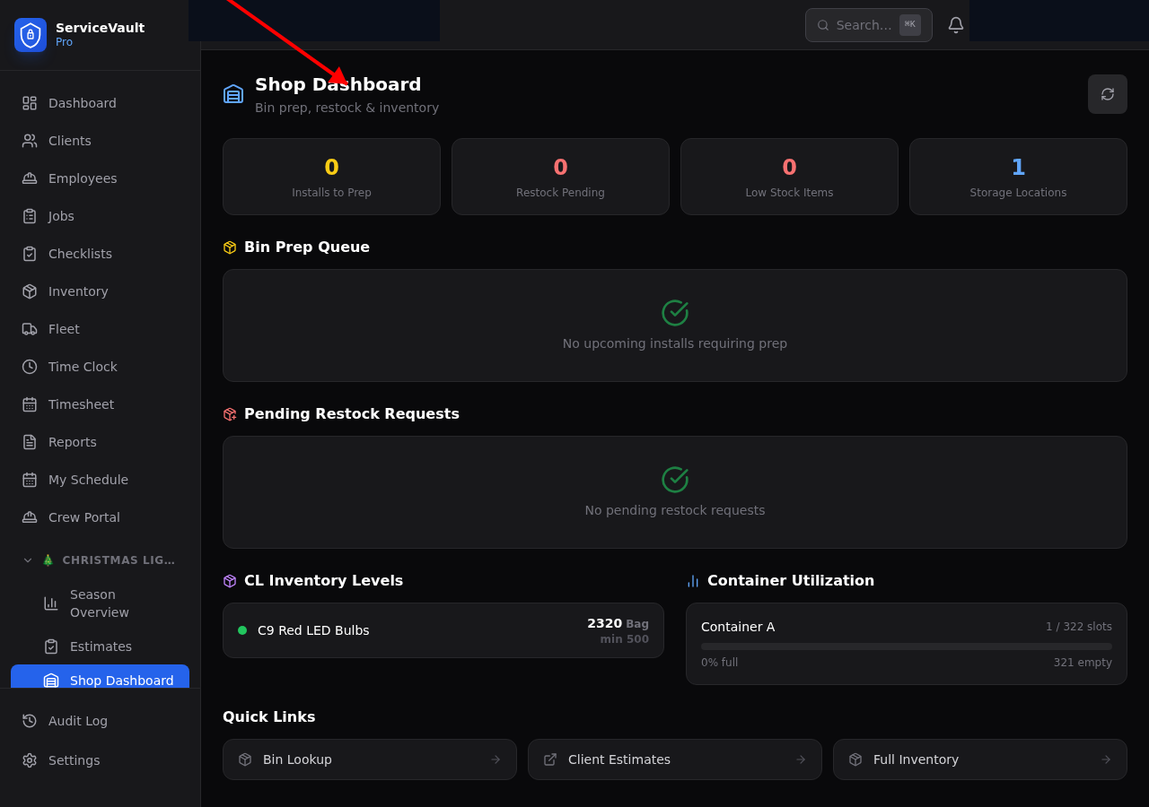Shop dashboard with bin prep queue