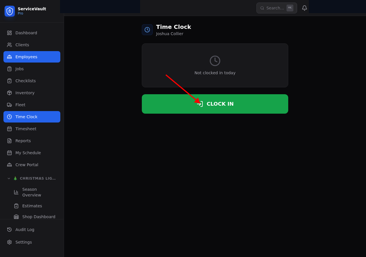 Time clock page with Clock In button