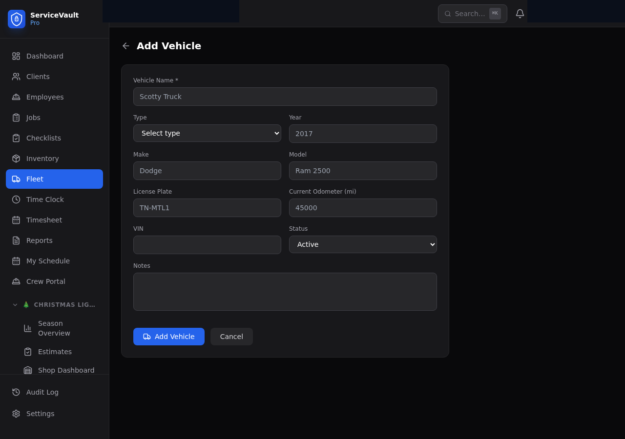 Vehicle detail with Add Maintenance button