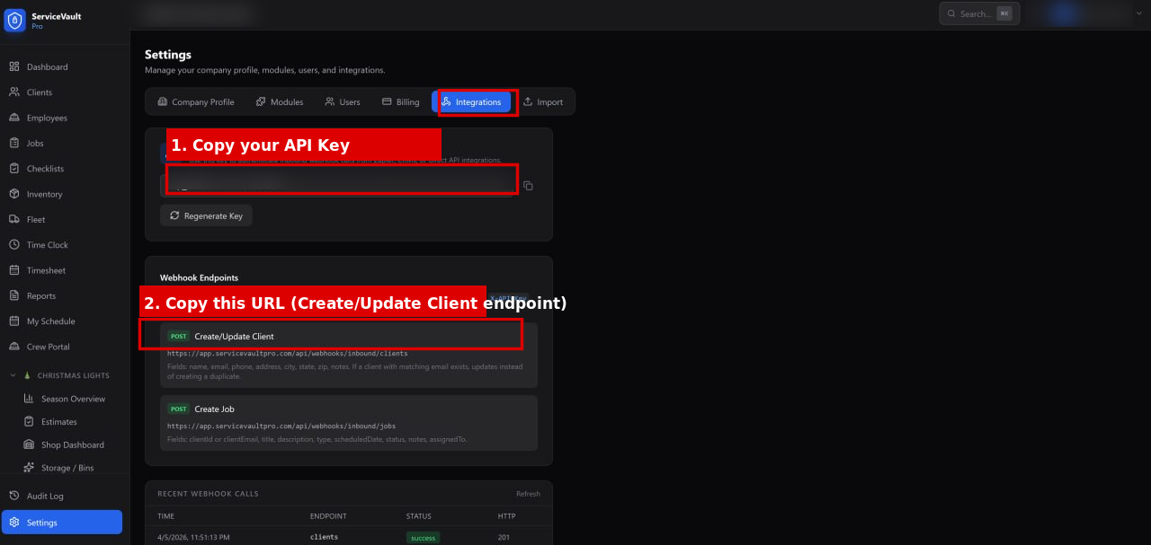 SVP Settings Integrations tab showing API Key and Webhook URL