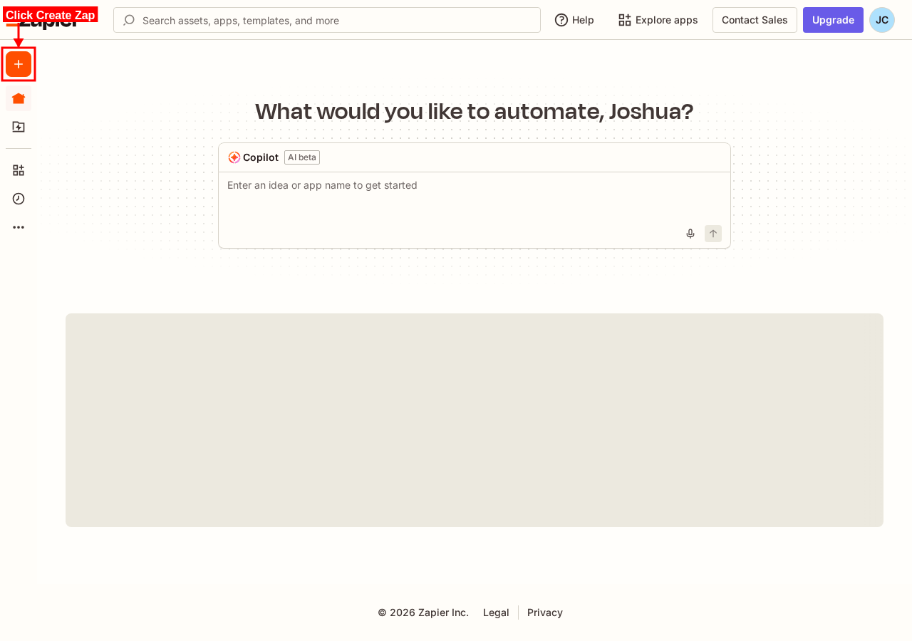 Zapier dashboard with Create > Zap selected