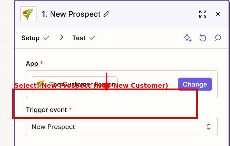 Zapier trigger setup showing New Prospect selected as the trigger event