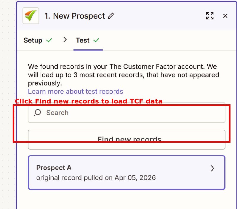 Zapier TCF test step showing Find new records button and sample prospect