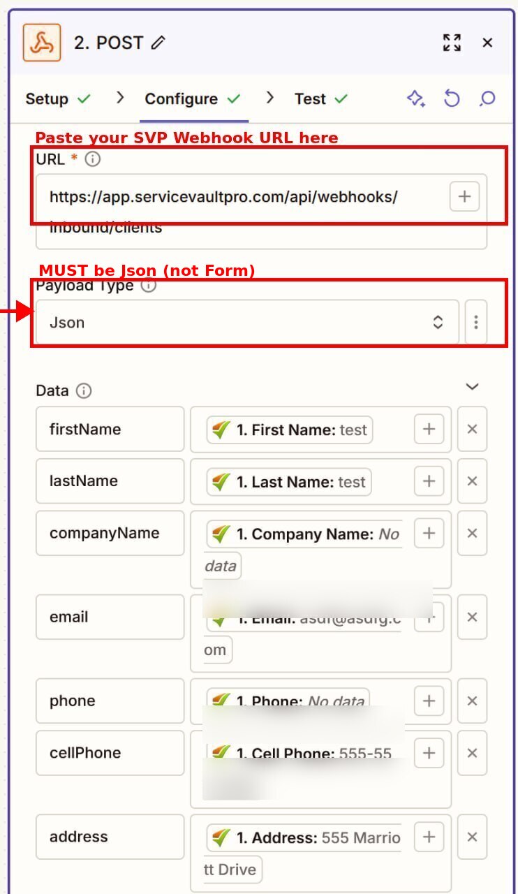 Zapier webhook action configuration showing URL and Payload Type set to JSON