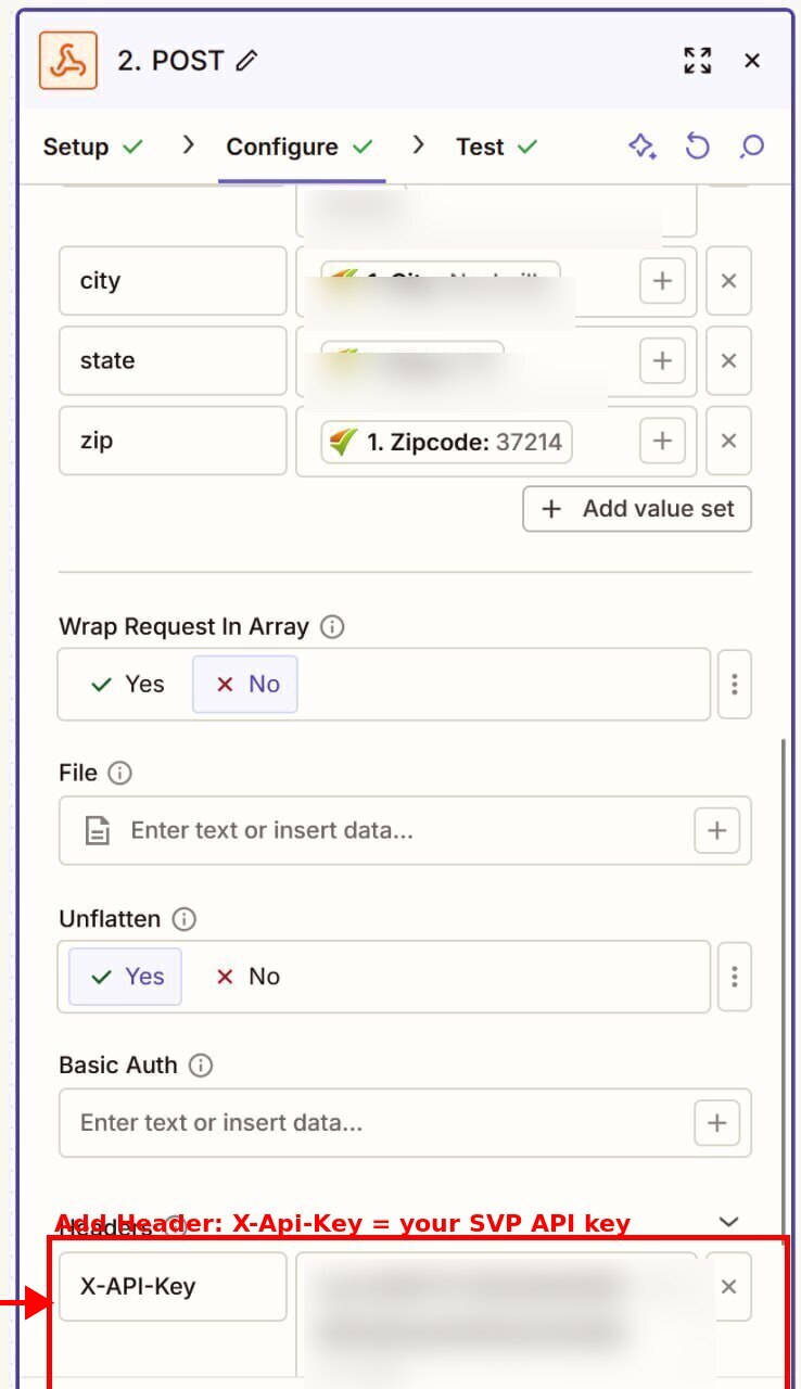 Zapier webhook headers section with X-Api-Key header added