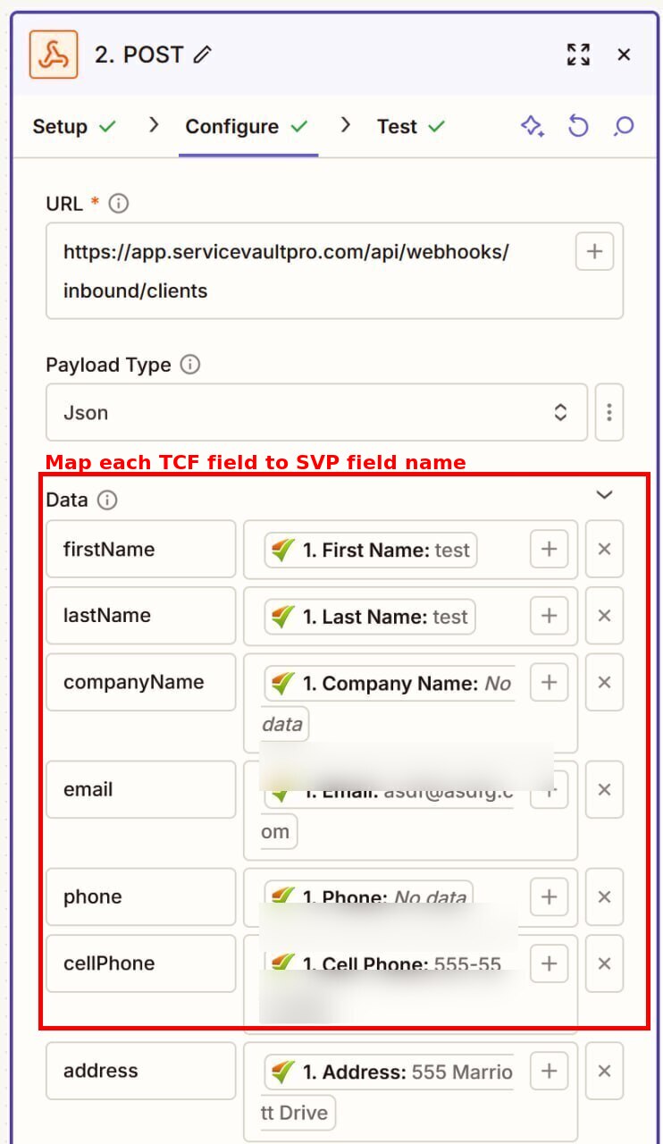 Zapier data mapping section with TCF fields mapped to SVP keys