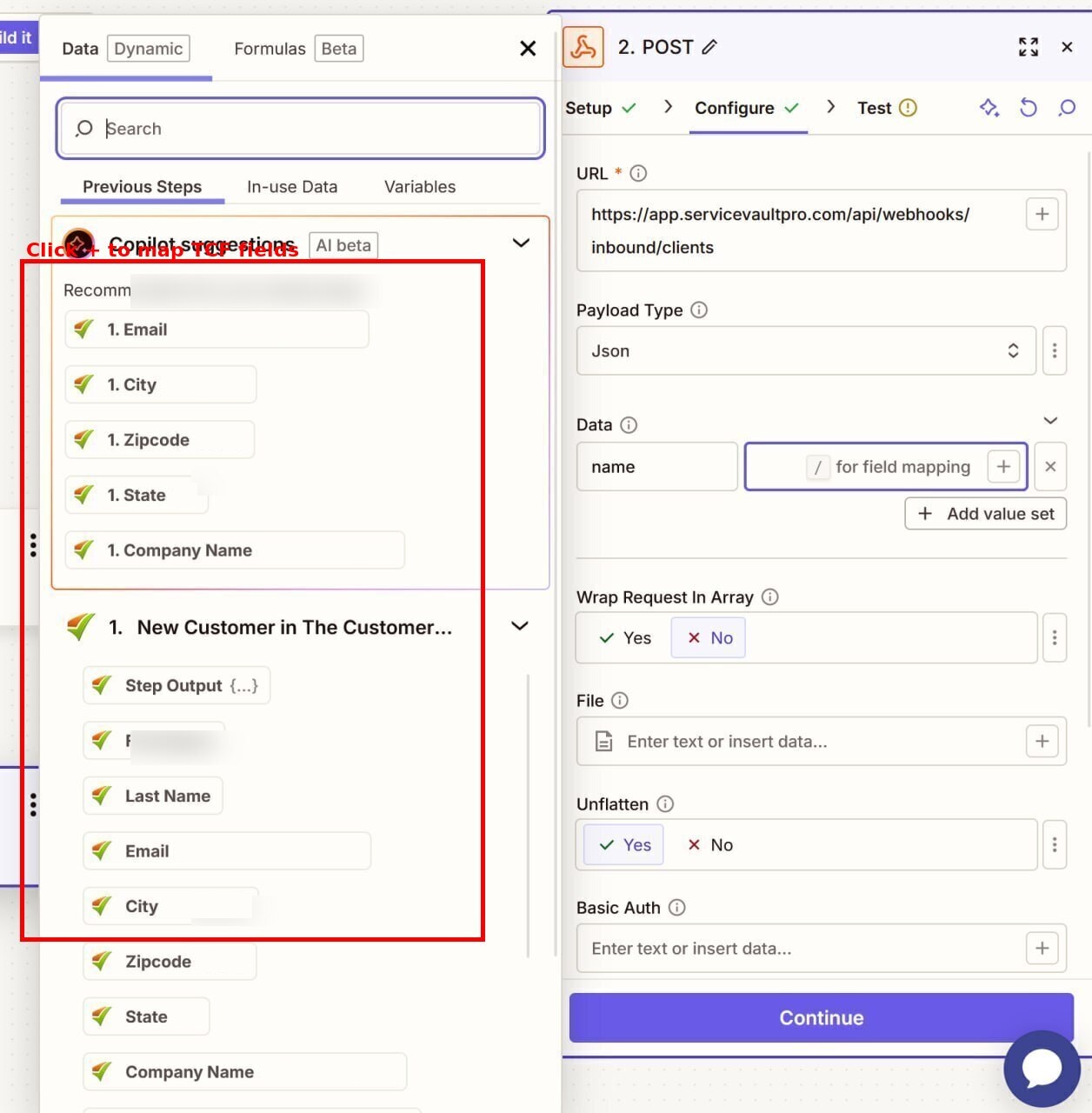 Zapier field picker showing TCF fields available to map